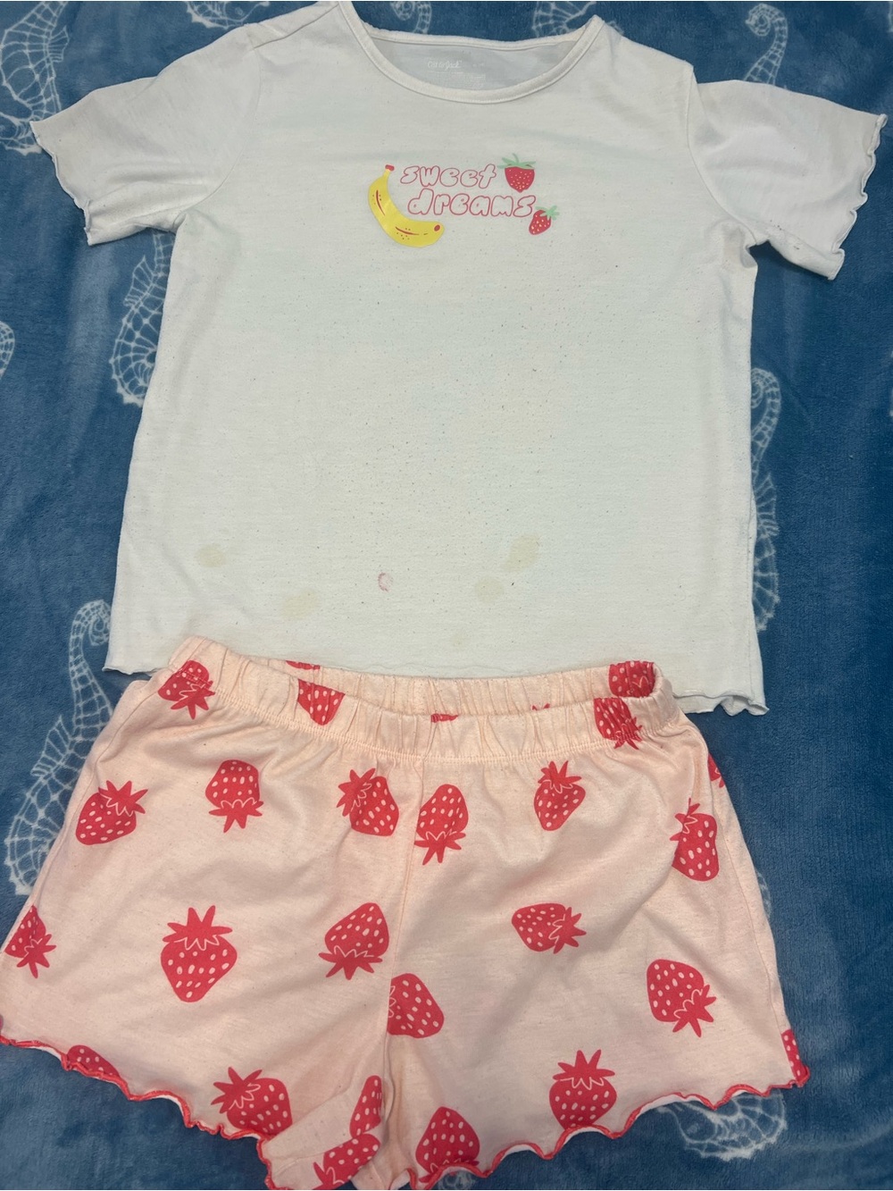 Cat & Jack White Top with Pink Strawberry Shorts Pajama Set